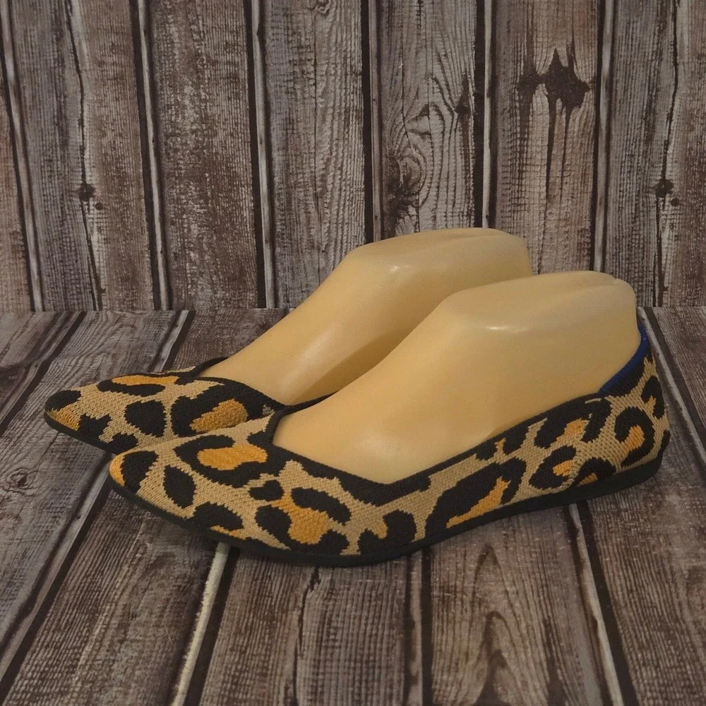 Sz 7 Rothy's The Point Big Cat Leopard Print Brown Tan Knit Flats Shoes VGUC!